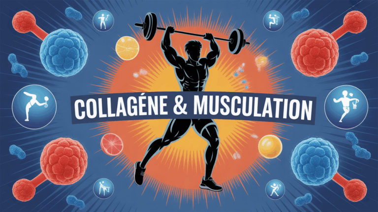 Sportif soulevant haltères entouré molecules collagene musculation