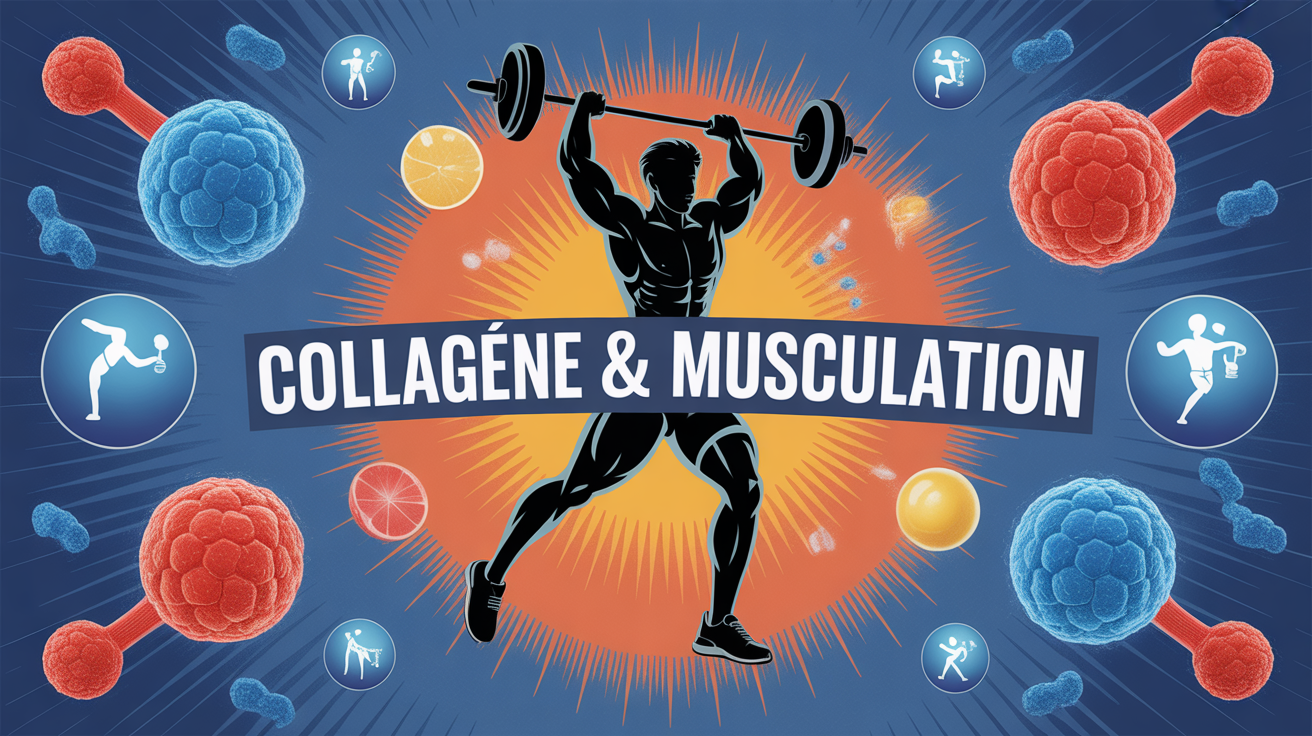Sportif soulevant haltères entouré molecules collagene musculation