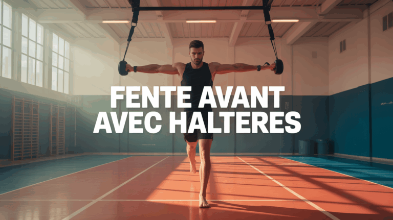 Homme réalise une fente avant avec haltères salle de sport épurée