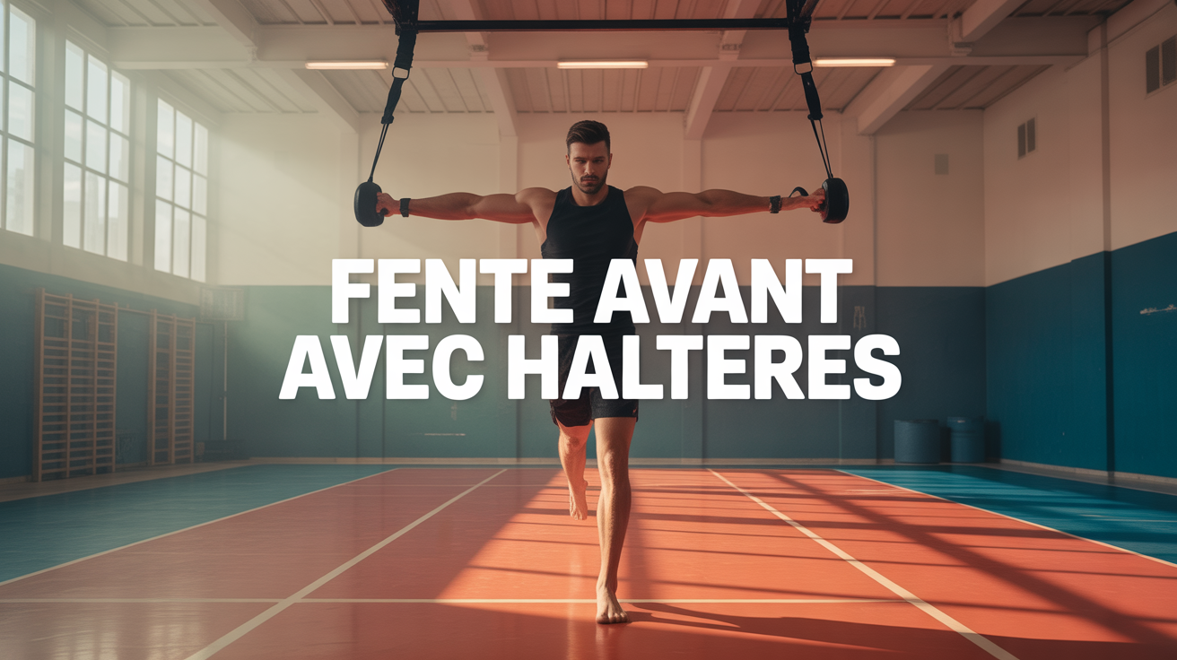 Homme réalise une fente avant avec haltères salle de sport épurée