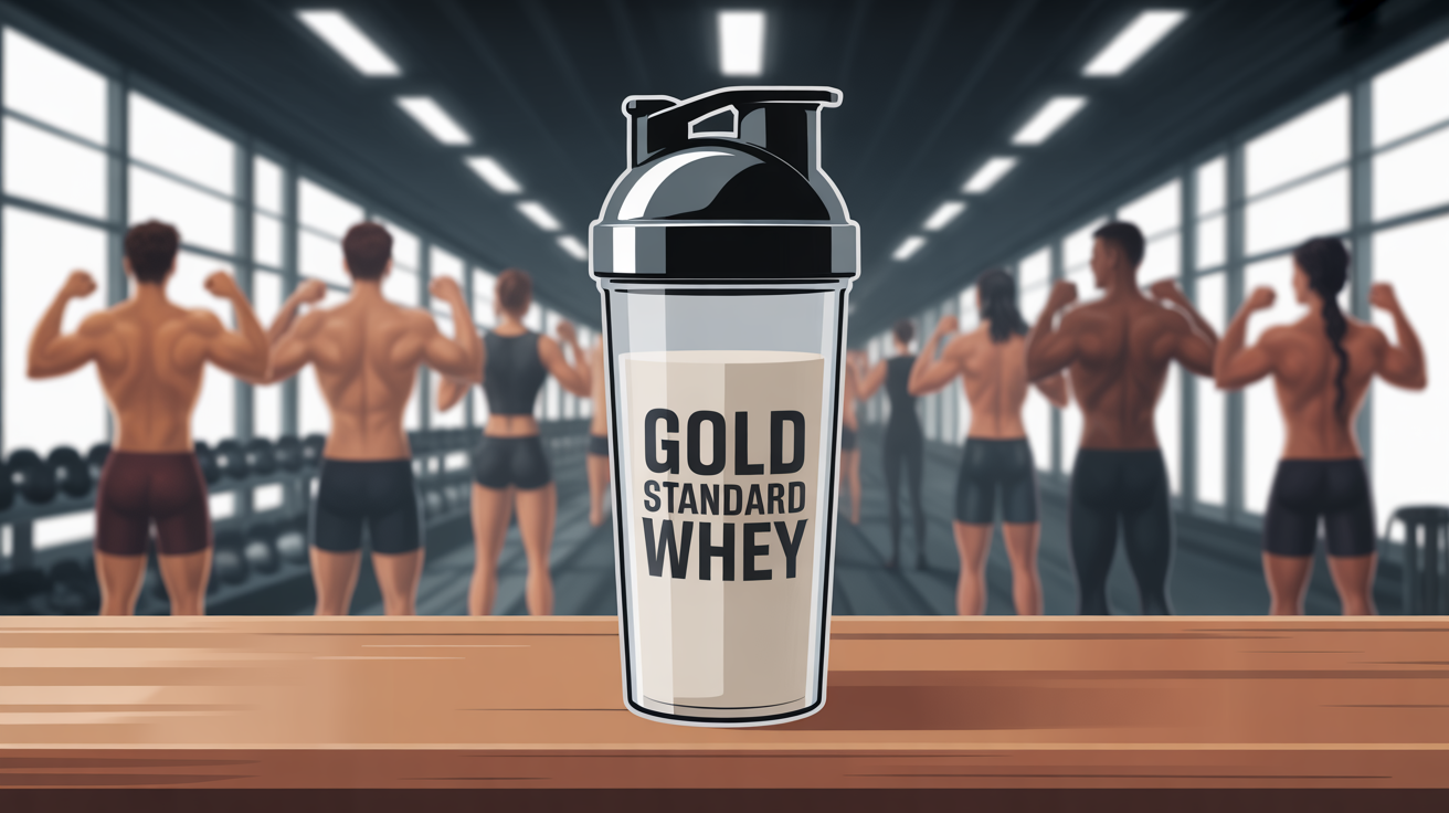 Shaker Gold Standard Whey sur table en bois, ambiance sportive