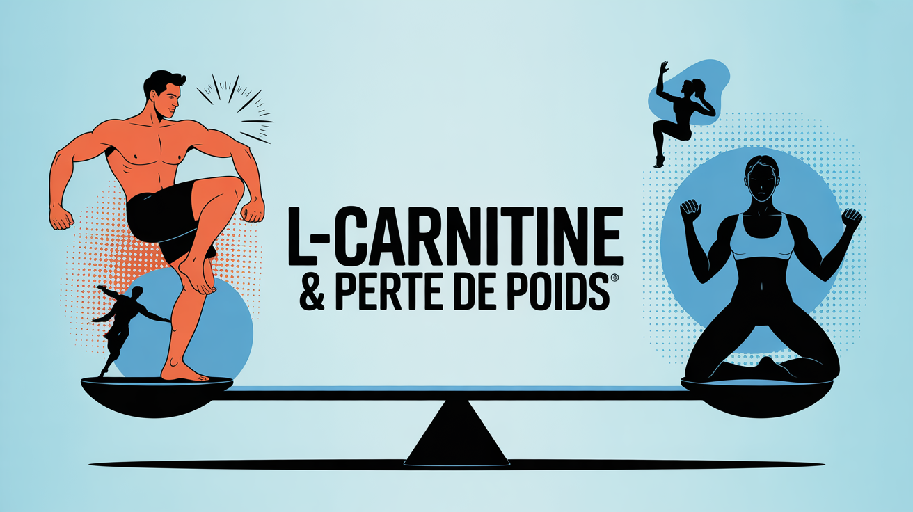 image representant L-carnitine et perte de poids avec balance, haltère et silhouettes sportives