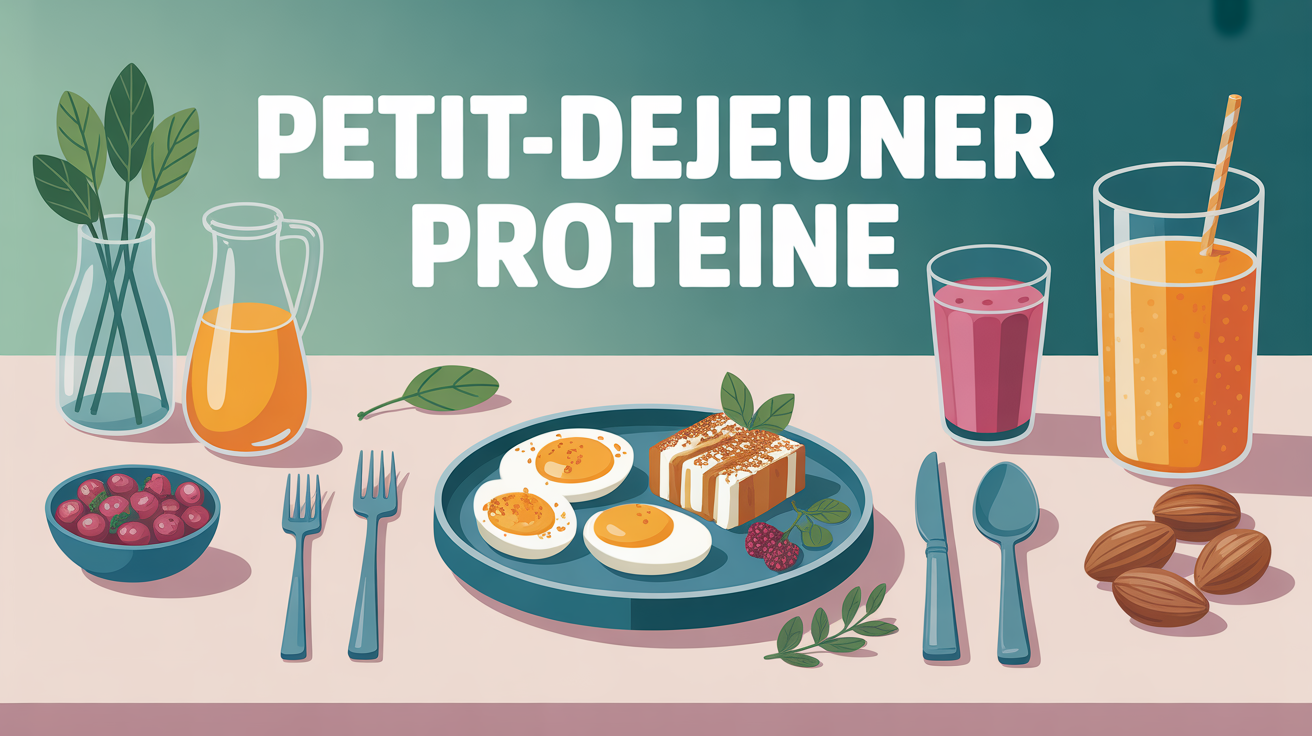 Assiette petit dejeuner proteine oeufs yaourt amandes smoothie