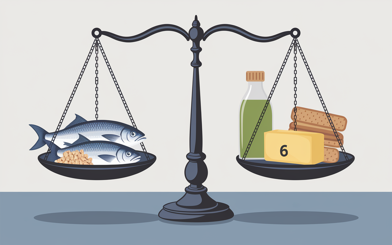 Balance stylisée aliments omega-3 omega-6 colza poissons margarine