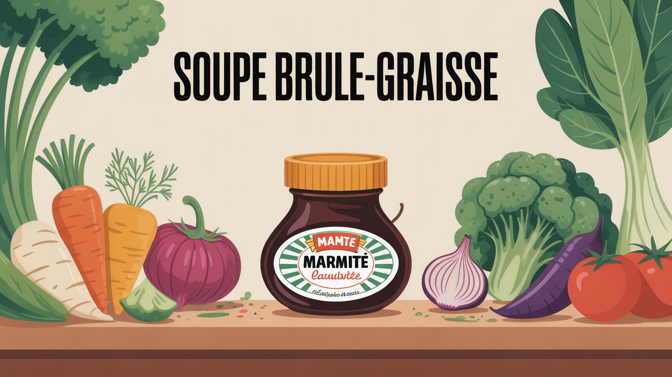 Marmite fumante entourée de legumes pour soupe brule graisse