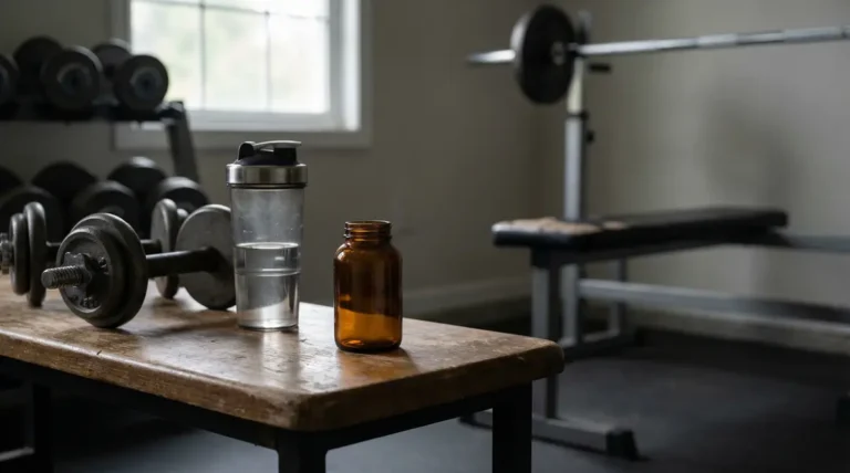 Photo d'une boite de pilules anonymes sur table de gym performance sante