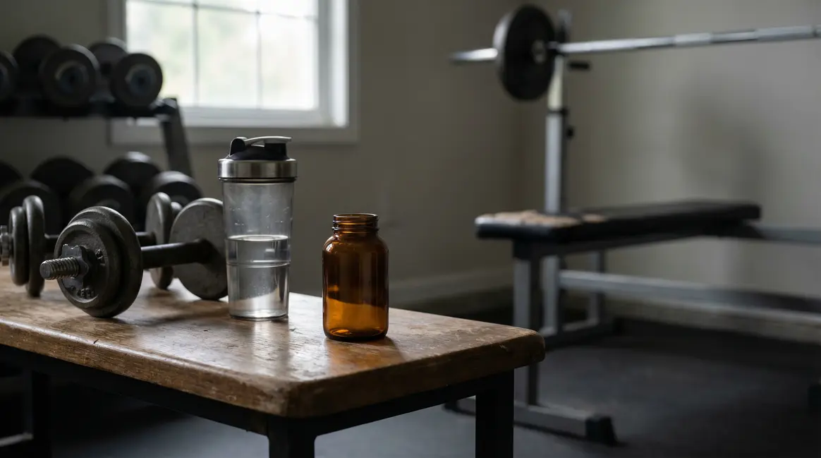 Photo d'une boite de pilules anonymes sur table de gym performance sante