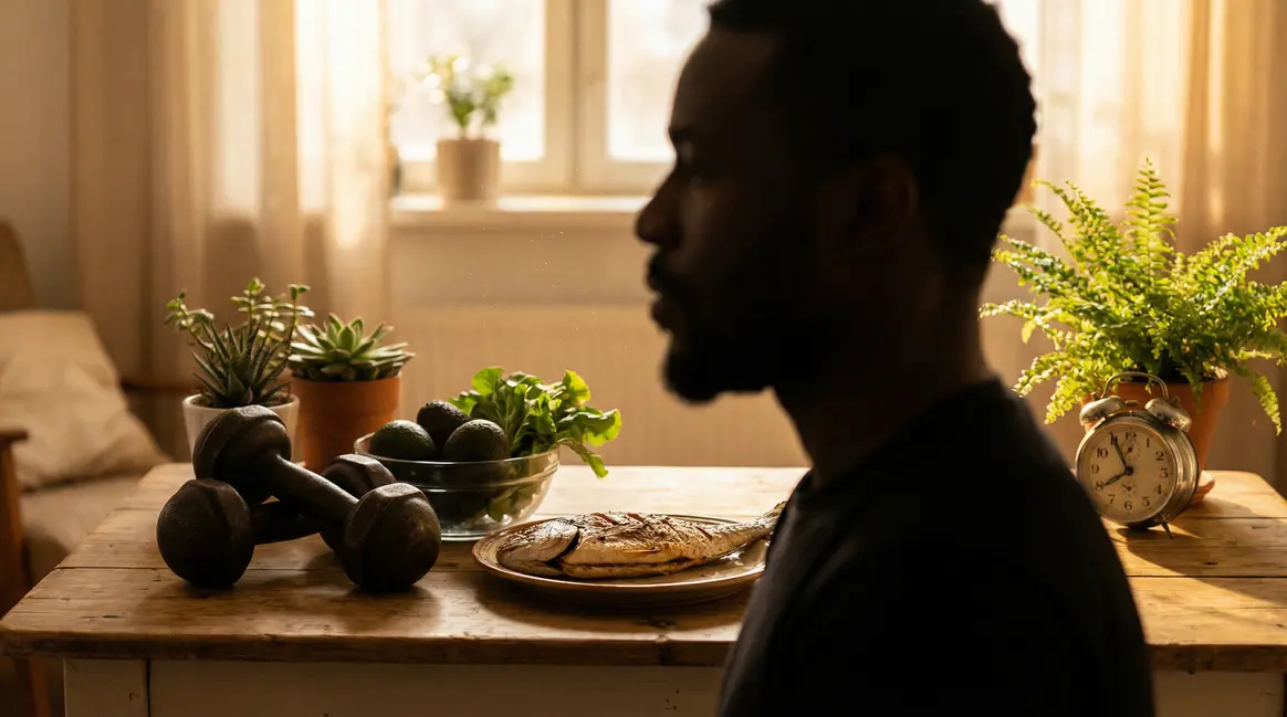 Homme adulte profil dynamique aliments frais haltères vitalité