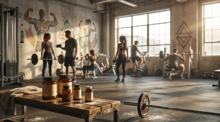 Salle de musculation moderne avec silhouettes et flacons de complements