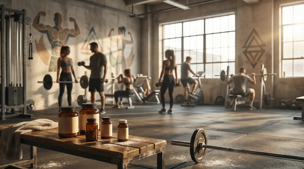 Salle de musculation moderne avec silhouettes et flacons de complements
