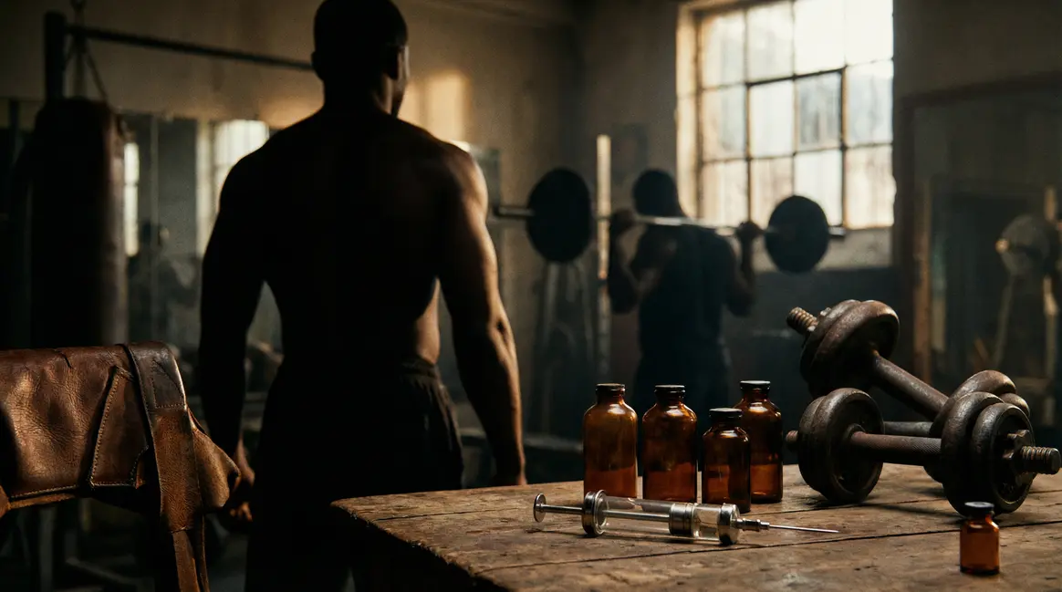 Dos musclé salle musculation seringue flacons haltères
