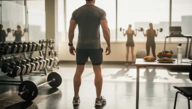Homme sportif dans une salle, symboles énergie et santé