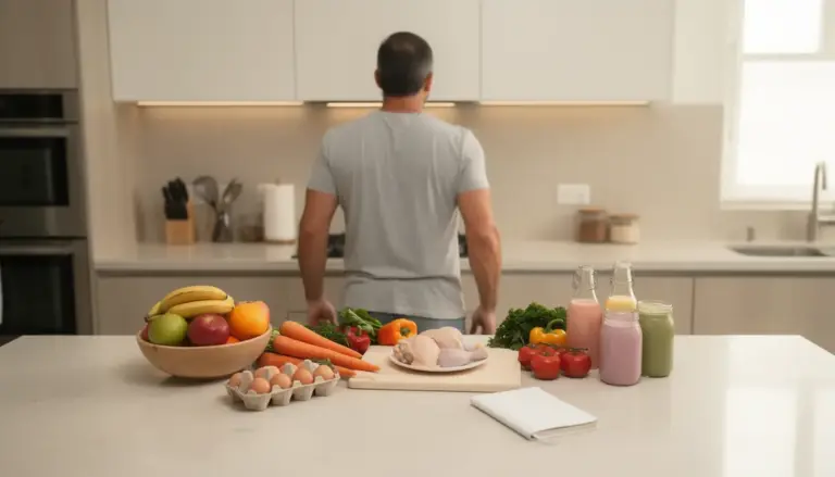 homme actif cuisine aliments naturels proteines fibres note energie recuperation