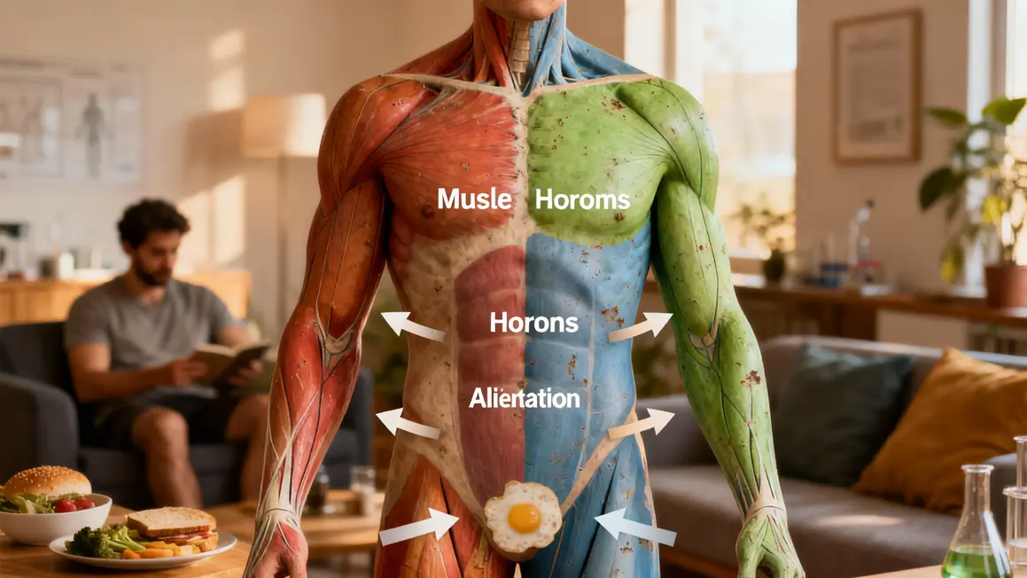 Schéma du métabolisme homme avec muscle, hormones, alimentation