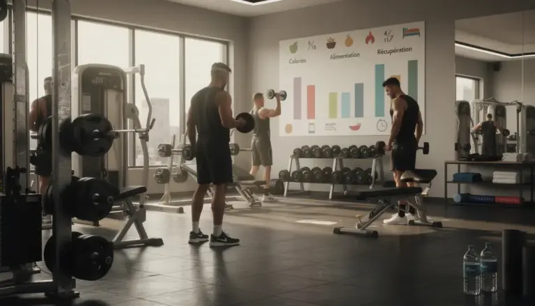 Homme musculation salle sport, métabolisme calories visuels