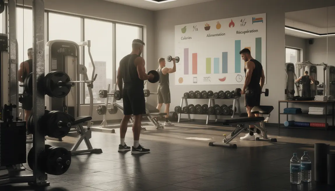 Homme musculation salle sport, métabolisme calories visuels