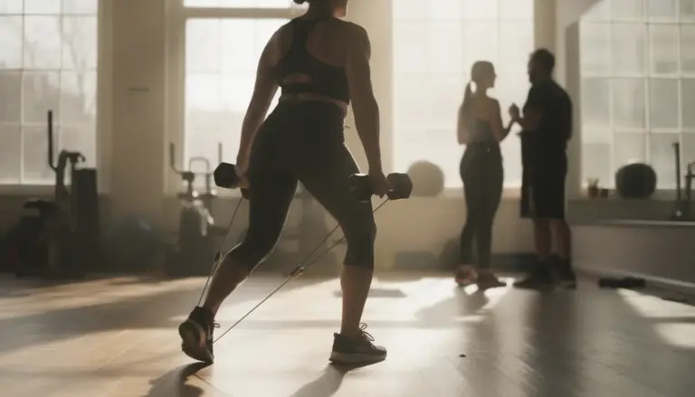 femme mature sport musculation haltères elastiques ménopause