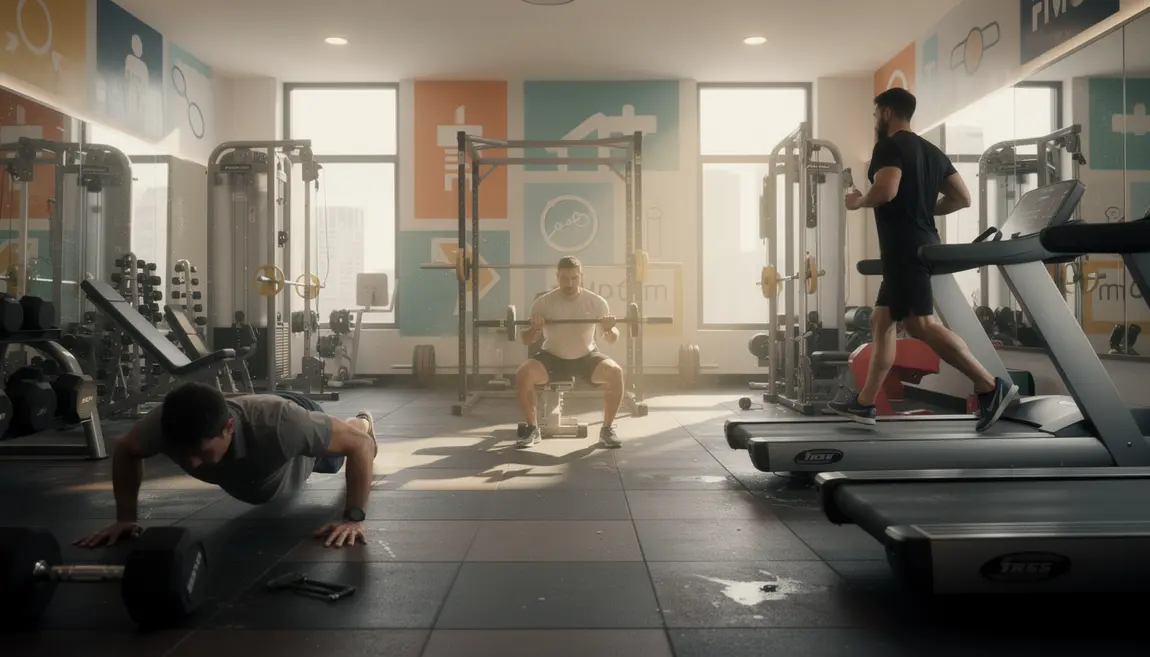 Scène de gym entraînement hommes progression sécurité