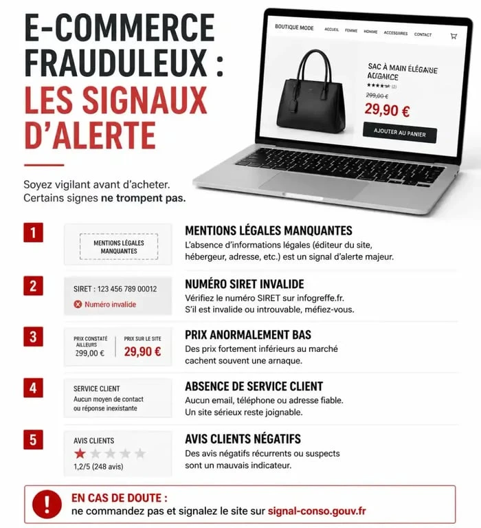 Infographie des signaux d'alerte pour identifier un site de fitness frauduleux comme Maison Fitness