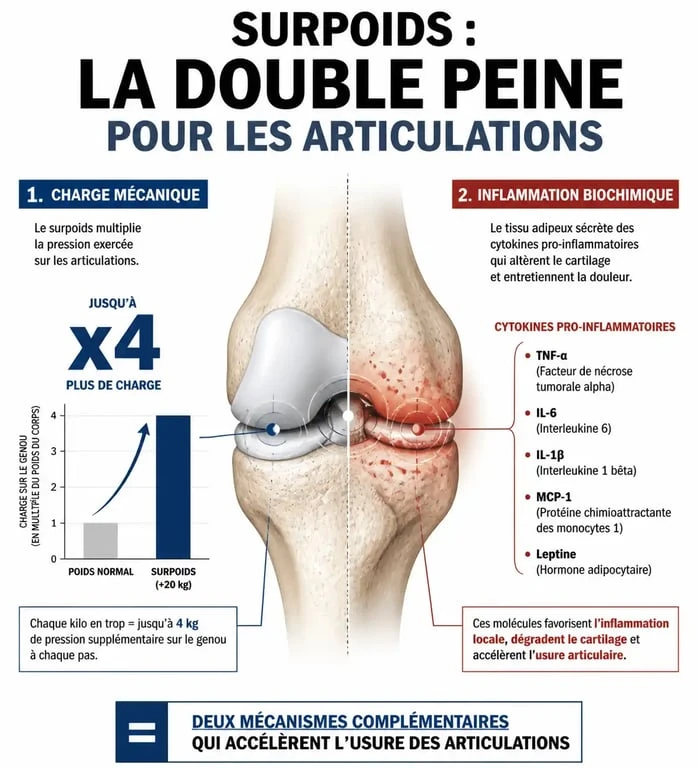 Infographie sur le lien entre perte de poids et douleurs articulaires expliquant la charge mécanique et l'inflammation