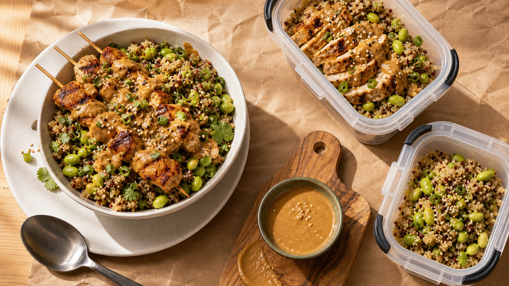 Recette riche en proteine musculation : poulet satay quinoa, edamame et graines
