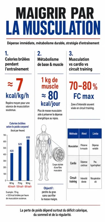 Infographie sur maigrir par la musculation avec comparaison musculation, cardio et circuit training