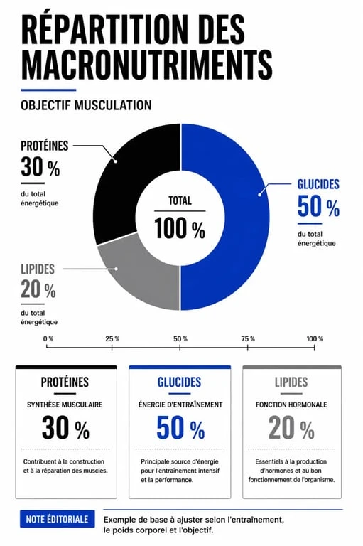 Infographie nutrition pour la musculation : répartition des macronutriments