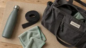 Accessoire pour sport : tapis de yoga, gourde isotherme et bande de résistance