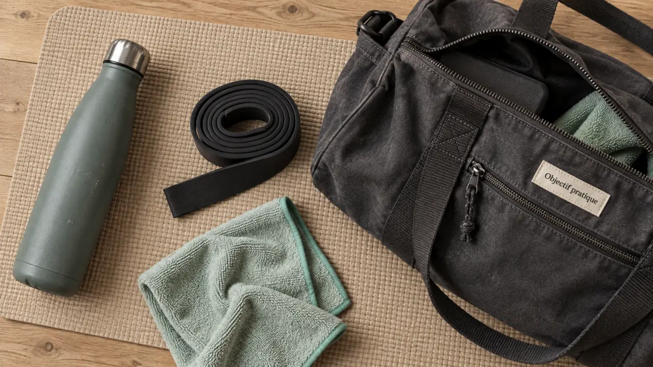 Accessoire pour sport : tapis de yoga, gourde isotherme et bande de résistance