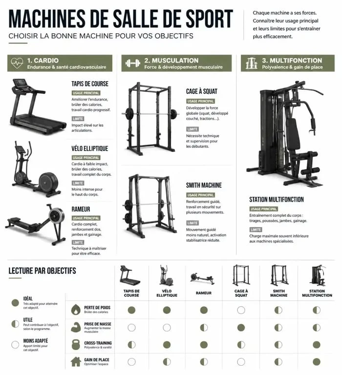 Infographie des machines de salle de sport selon leurs usages, objectifs et limites