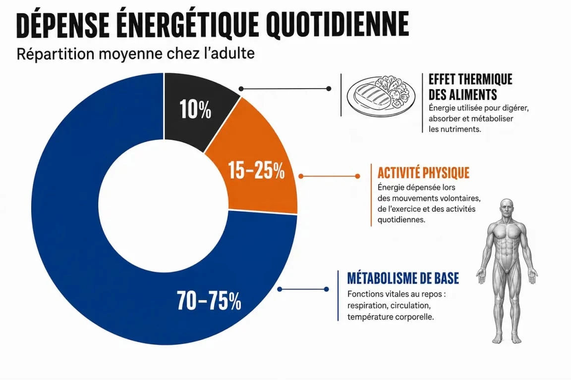 Infographie sur le métabolisme et la musculation : répartition des dépenses énergétiques
