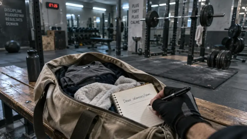 Motivation musculation : deux séances par semaine, sac de sport et carnet de suivi