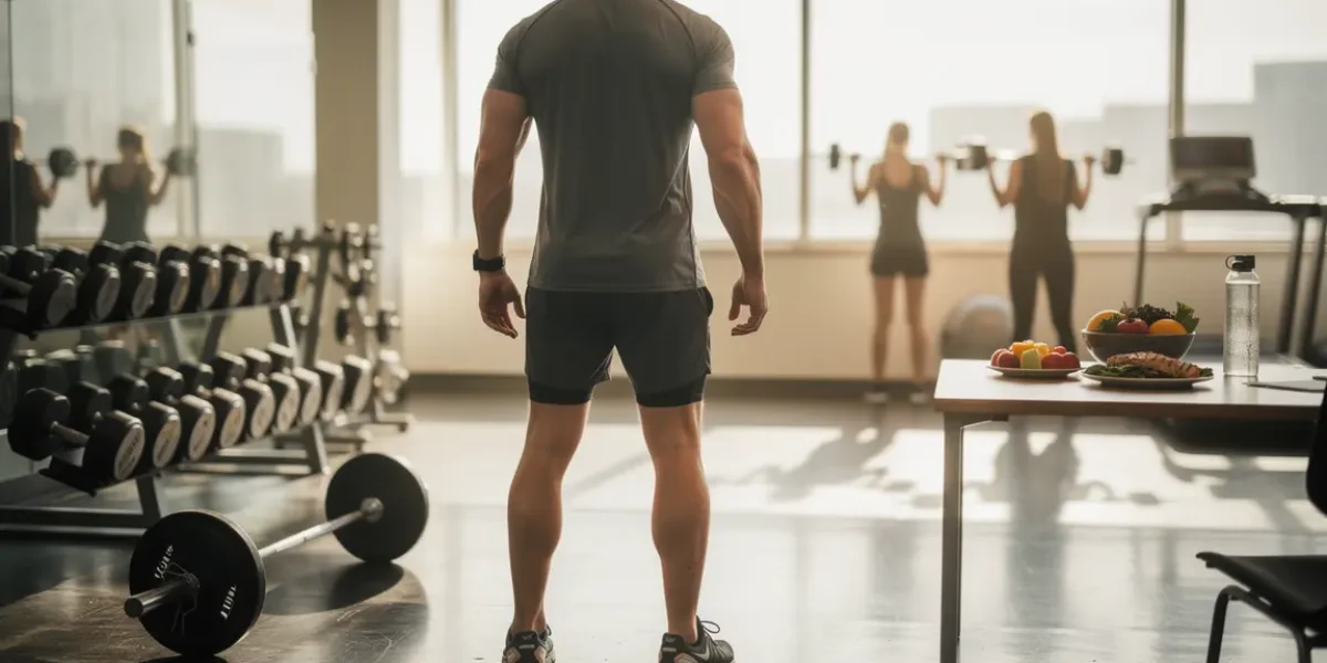 Homme sportif dans une salle, symboles énergie et santé
