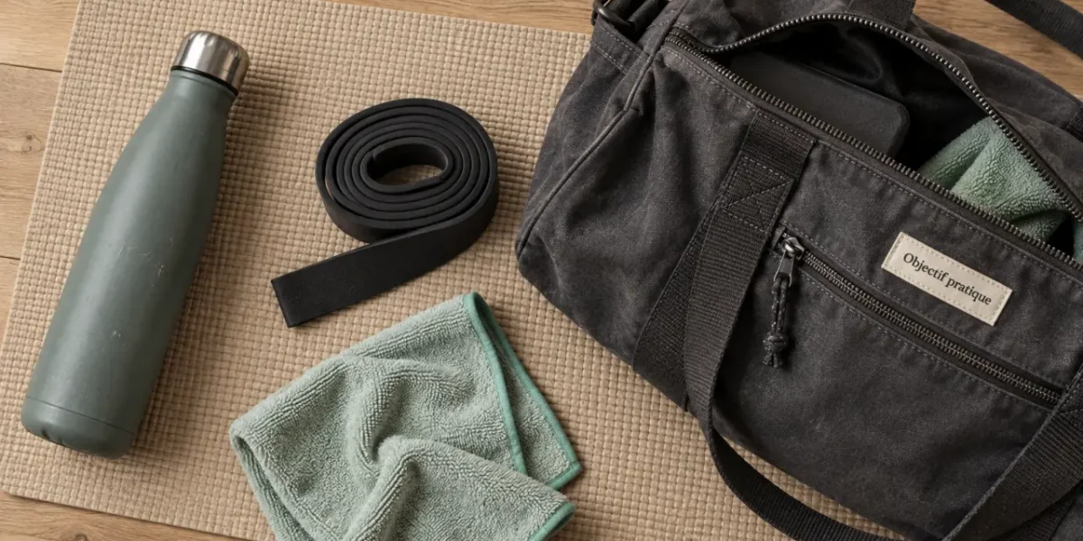Accessoire pour sport : tapis de yoga, gourde isotherme et bande de résistance