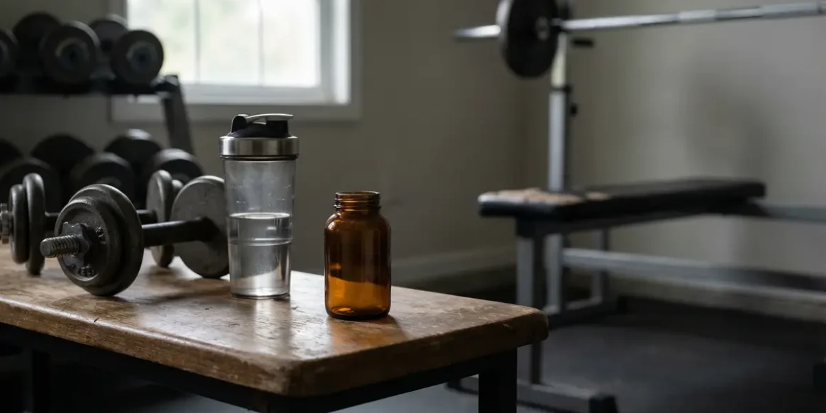 Photo d'une boite de pilules anonymes sur table de gym performance sante