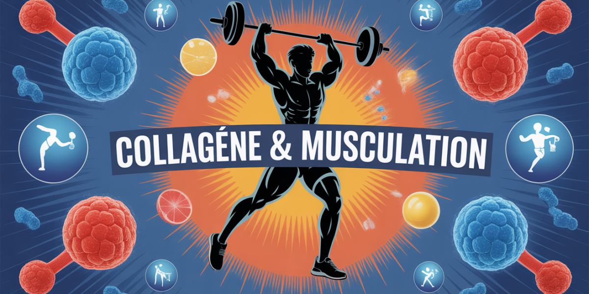 Sportif soulevant haltères entouré molecules collagene musculation