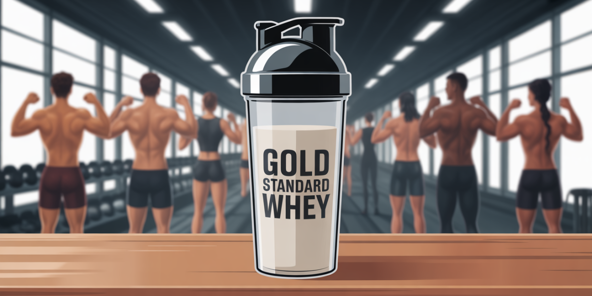 Shaker Gold Standard Whey sur table en bois, ambiance sportive