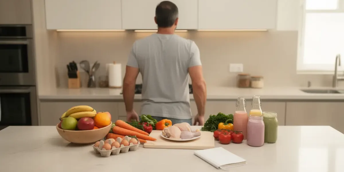 homme actif cuisine aliments naturels proteines fibres note energie recuperation