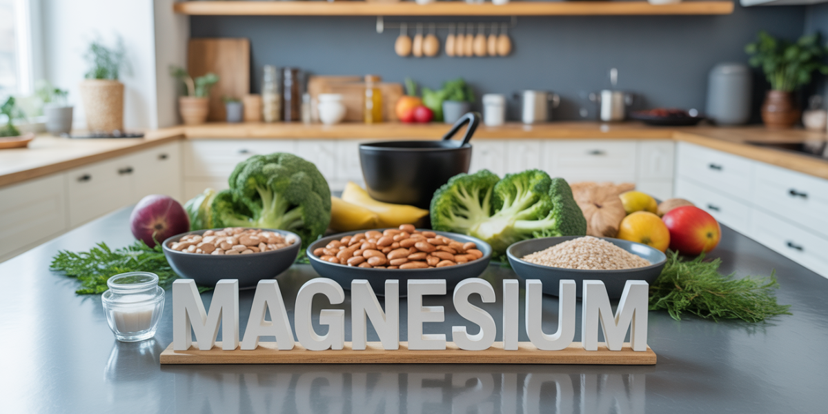 magnesium sur table cuisine moderne noisettes brocolis amandes cereales