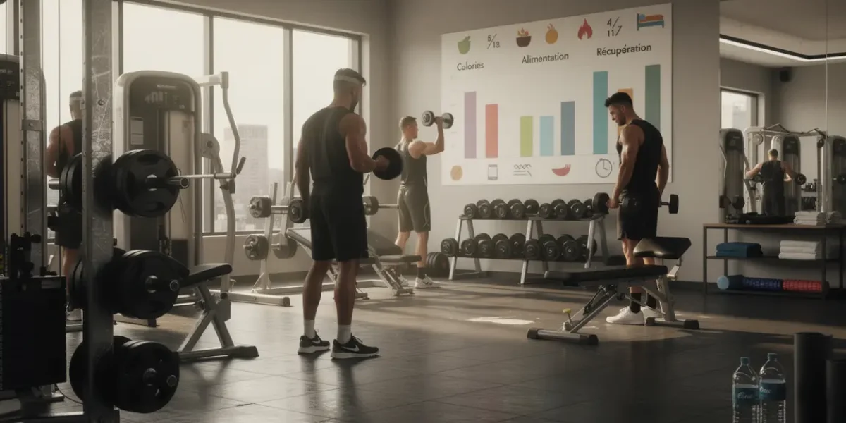 Homme musculation salle sport, métabolisme calories visuels