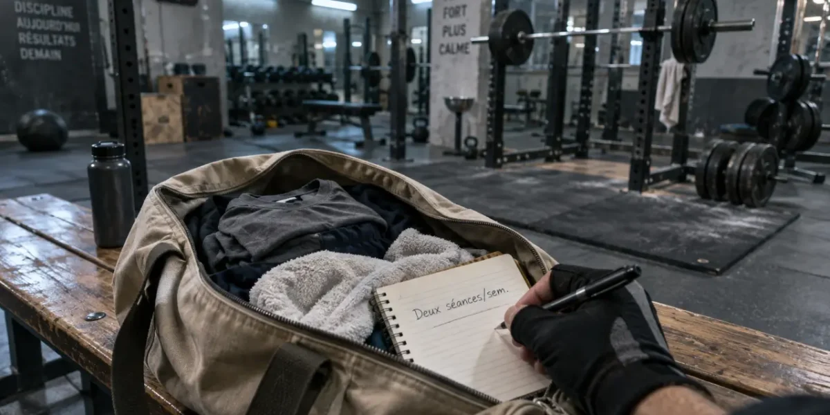 Motivation musculation : deux séances par semaine, sac de sport et carnet de suivi