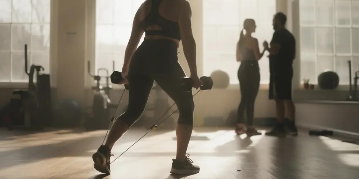 femme mature sport musculation haltères elastiques ménopause