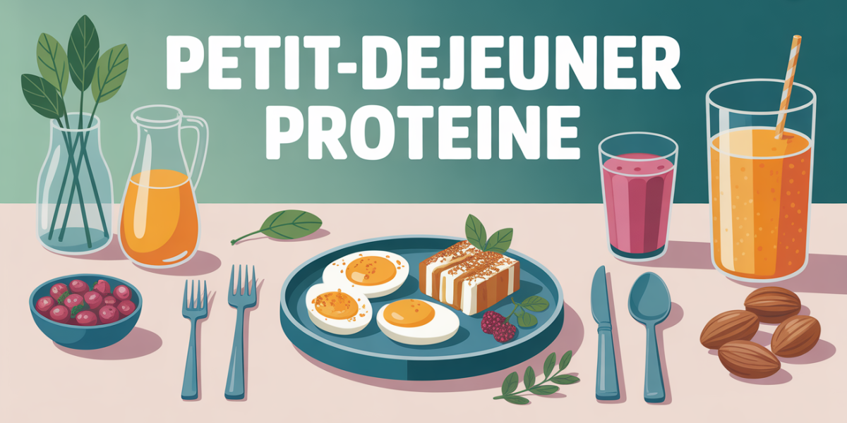 Assiette petit dejeuner proteine oeufs yaourt amandes smoothie