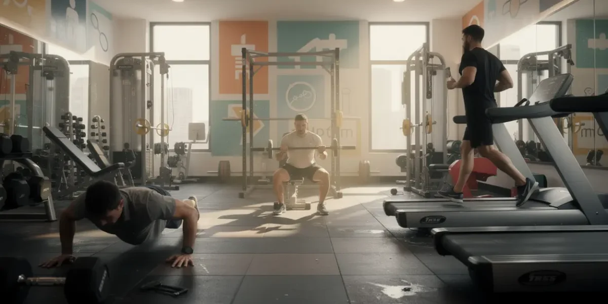 Scène de gym entraînement hommes progression sécurité