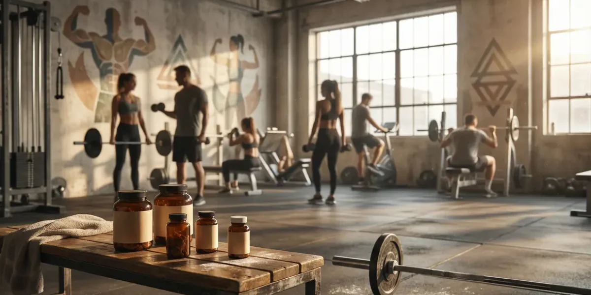 Salle de musculation moderne avec silhouettes et flacons de complements