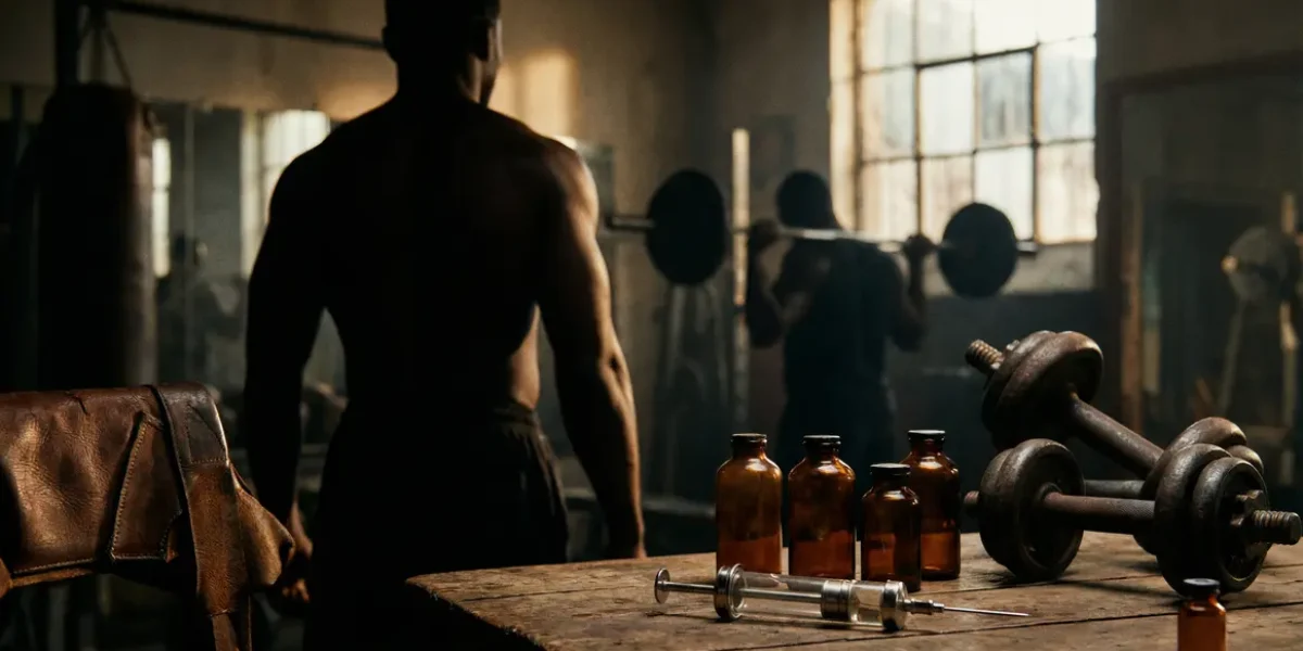 Dos musclé salle musculation seringue flacons haltères