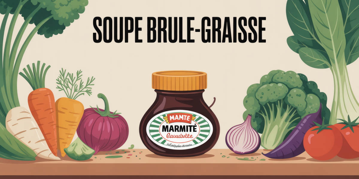 Marmite fumante entourée de legumes pour soupe brule graisse