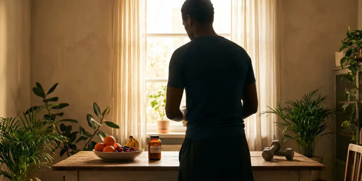 homme actif vitamine c fruits halteres